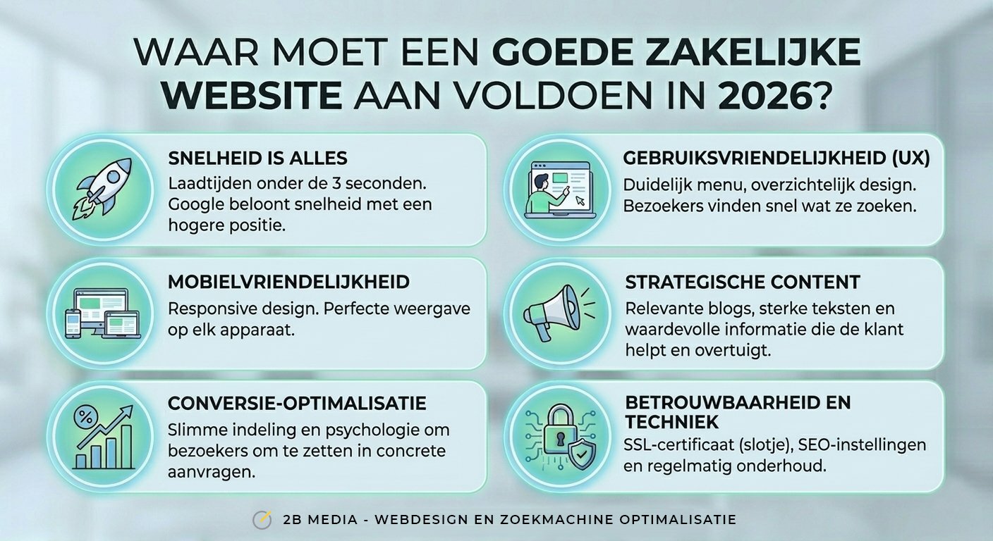 Infographic blog post: Waar moet een goede zakelijke website aan voldoen in 2026.