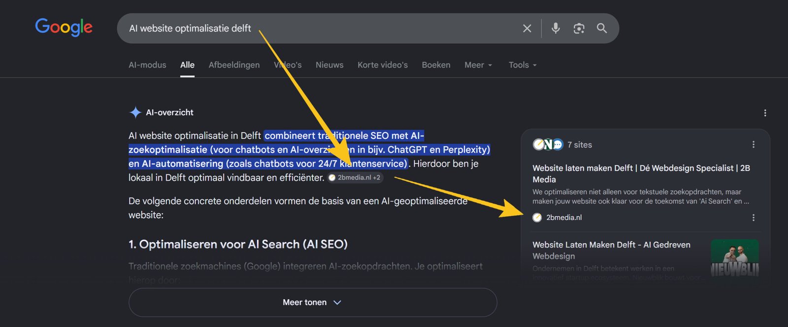 Ai website optimalisatie voorbeeld via Google van de website van 2B Media