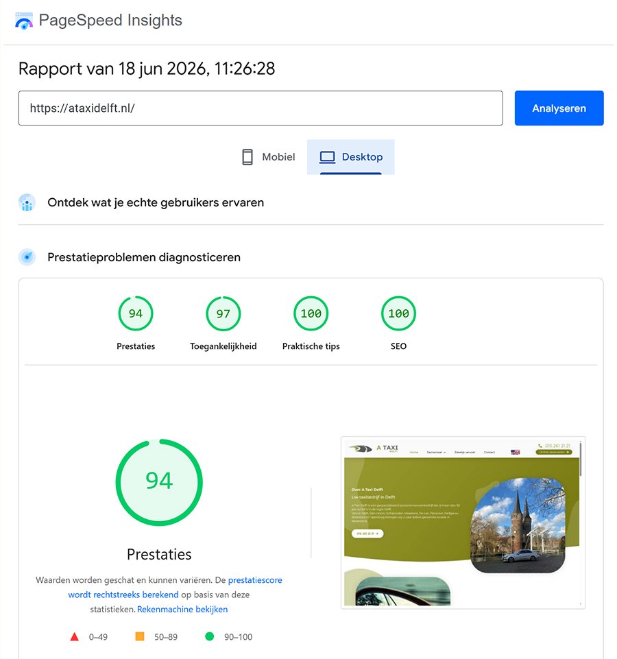 PageSpeed Insights scores ataxidelft.nl juni 2026 – Desktop: Prestaties 94, Toegankelijkheid 97, Praktische tips 100, SEO 100