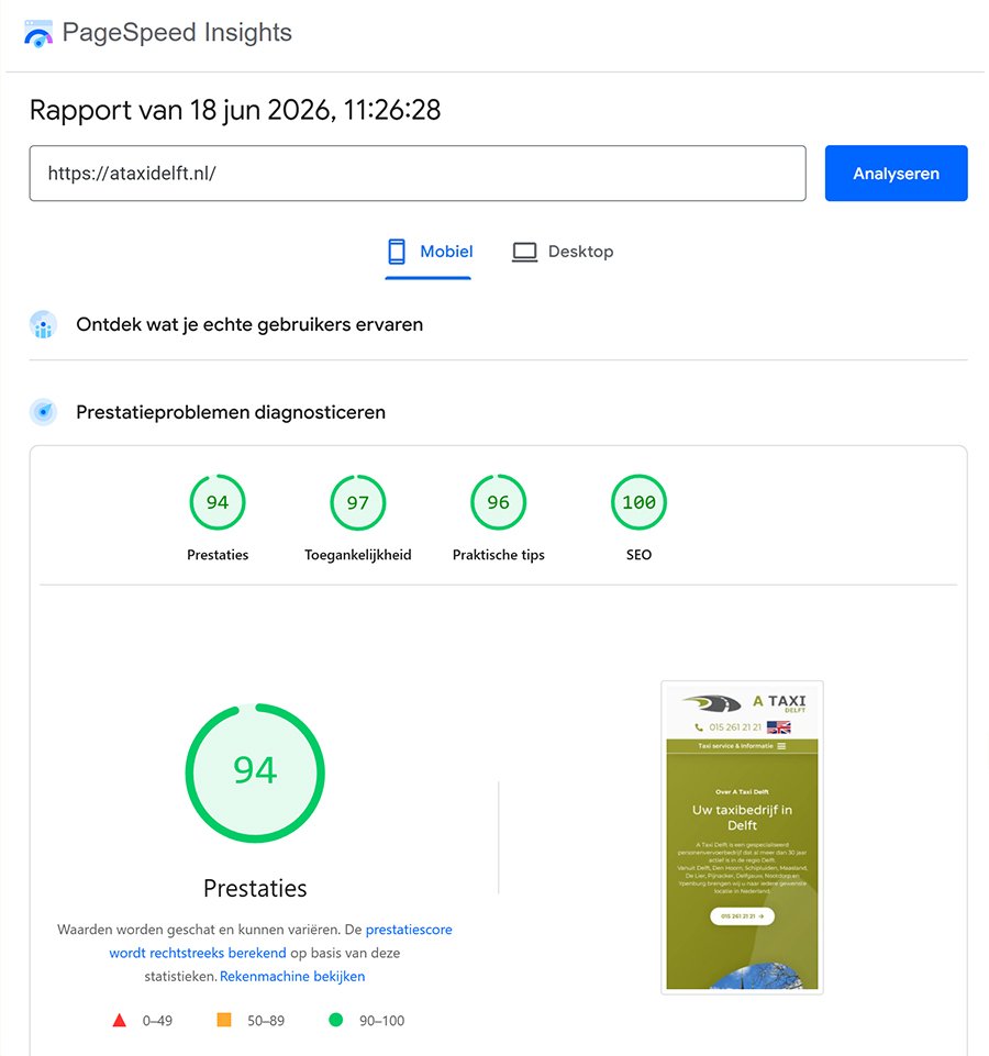 PageSpeed Insights scores ataxidelft.nl juni 2026 – Mobiel: Prestaties 94, Toegankelijkheid 97, Praktische tips 96, SEO 100