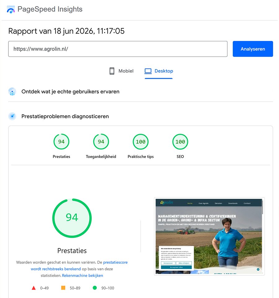 PageSpeed Insights scores agrolin.nl juni 2026 – Desktop: Prestaties 94, Toegankelijkheid 94, Praktische tips 100, SEO 100