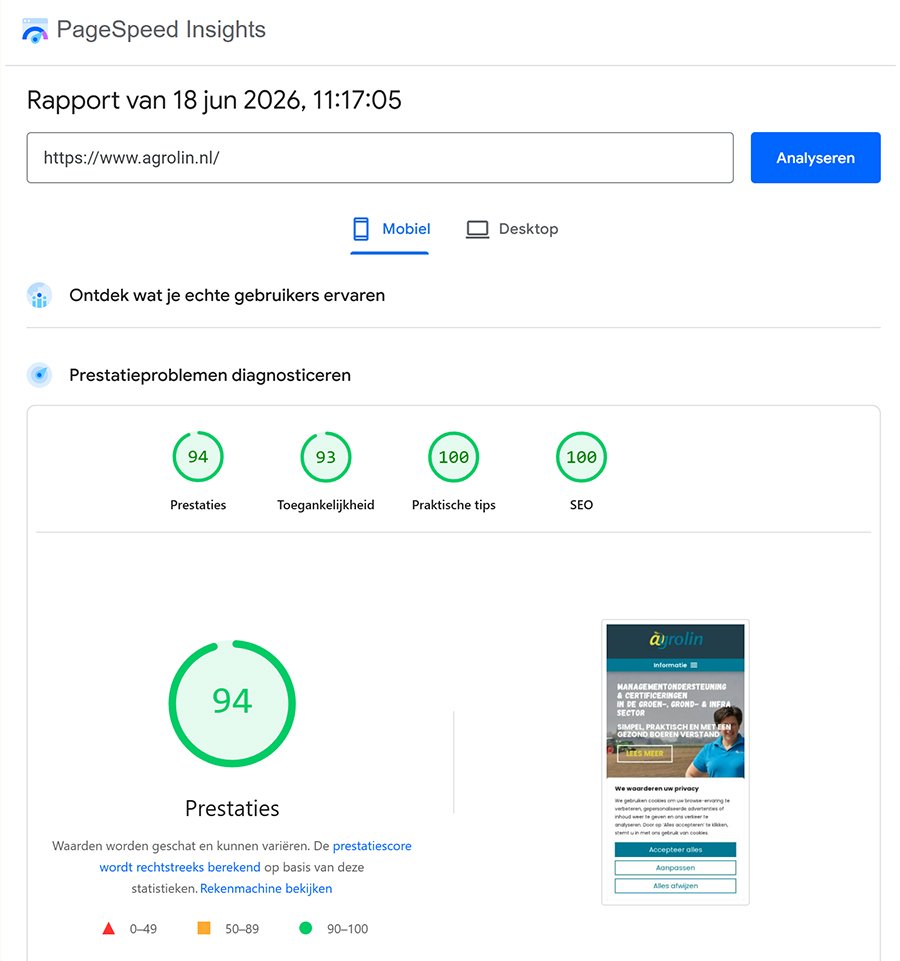 PageSpeed Insights scores agrolin.nl juni 2026 – Mobiel: Prestaties 94, Toegankelijkheid 93, Praktische tips 100, SEO 100