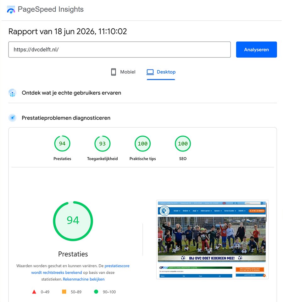 PageSpeed Insights scores dvcdelft.nl juni 2026 – Mobiel: Prestaties 94, Toegankelijkheid 93, Praktische tips 96, SEO 100