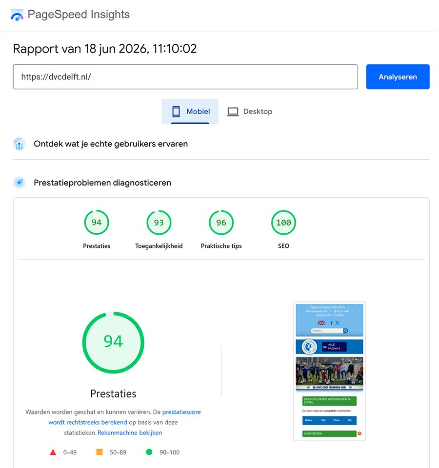 PageSpeed Insights scores dvcdelft.nl juni 2026 – Desktop: Prestaties 94, Toegankelijkheid 93, Praktische tips 100, SEO 100