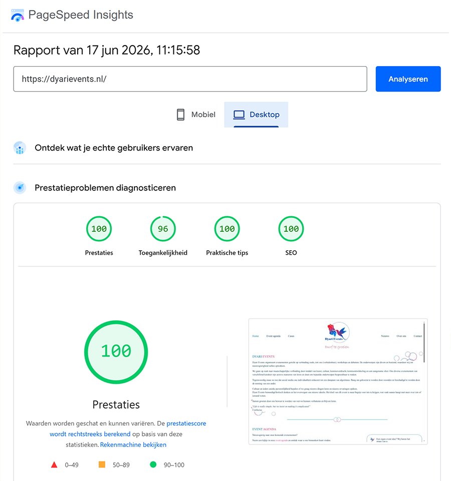 PageSpeed Insights scores dyarievents.nl juni 2026 – Desktop: Prestaties 100, Toegankelijkheid 96, Praktische tips 100, SEO 100