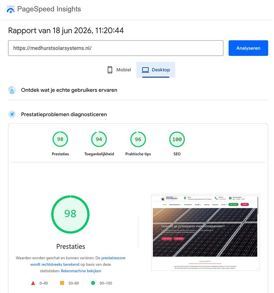 PageSpeed Insights scores medhurstsolarsystems.nl juni 2026 – Desktop: Prestaties 98, Toegankelijkheid 94, Praktische tips 96, SEO 100