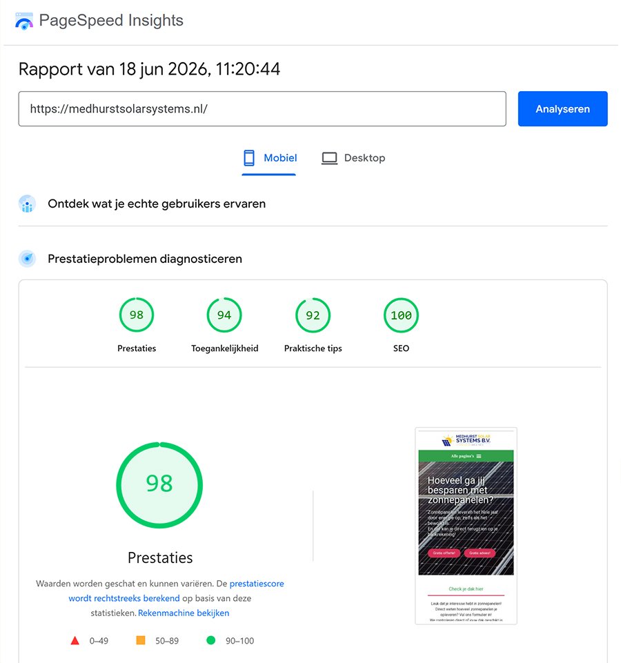 PageSpeed Insights scores medhurstsolarsystems.nl juni 2026 – Mobiel: Prestaties 98, Toegankelijkheid 94, Praktische tips 92, SEO 100