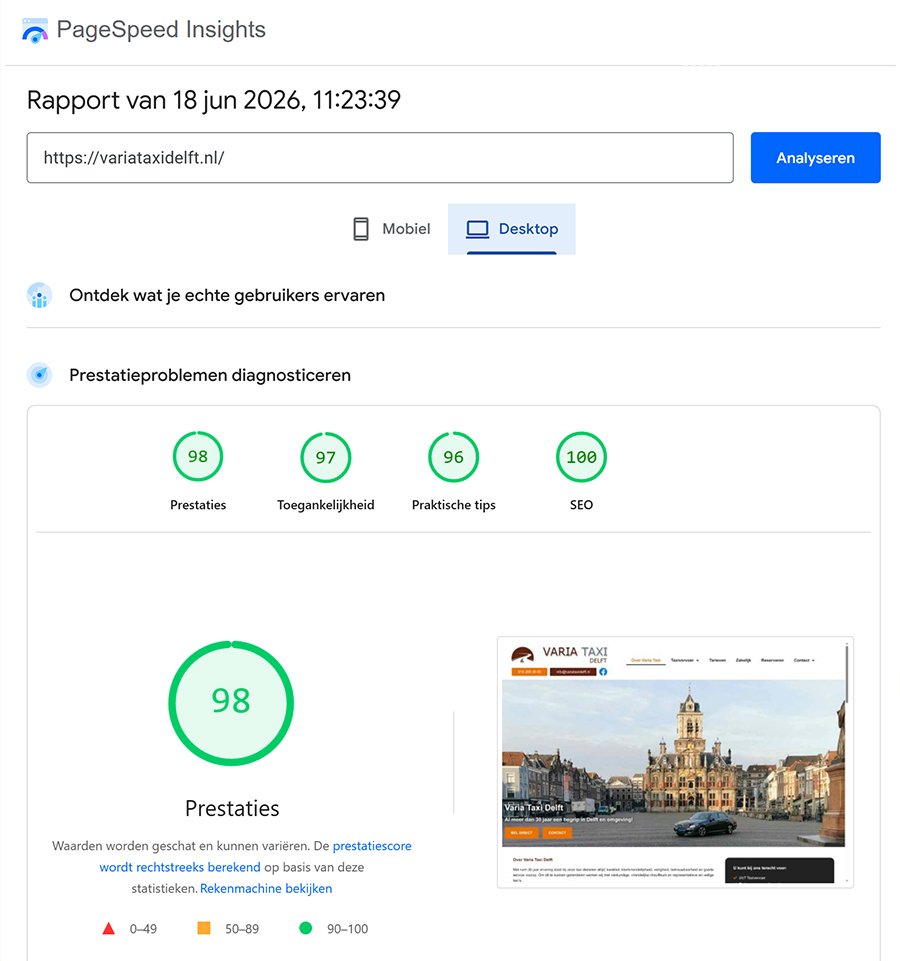 PageSpeed Insights scores variataxidelft.nl juni 2026 – Desktop: Prestaties 98, Toegankelijkheid 97, Praktische tips 96, SEO 100