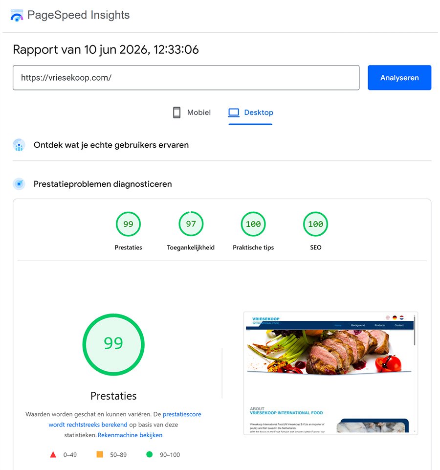 PageSpeed Insights scores vriesekoop.com juni 2026 – Desktop: Prestaties 99, Toegankelijkheid 97, Praktische tips 100, SEO 100